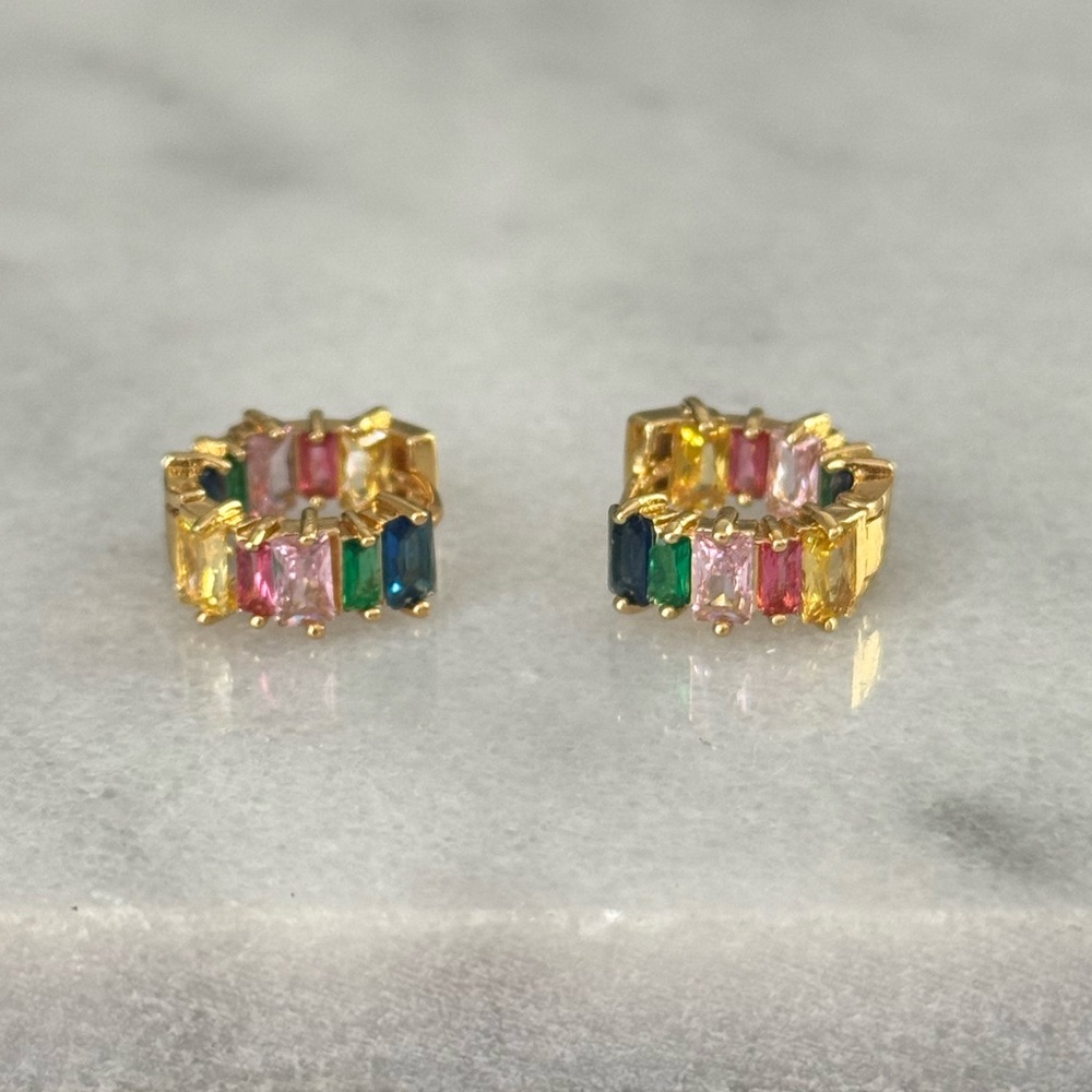 Gold Rainbow Crystal Thick Huggie Hoop Earrings 

Brand New